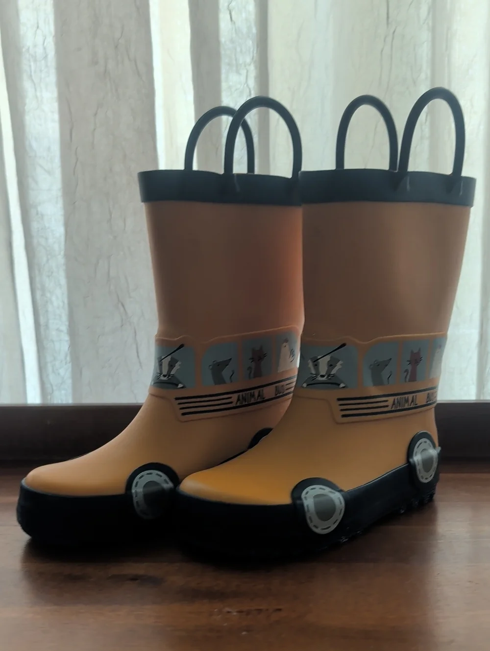 Kids Yellow Animal Bus Rain Boots with Navy Trim